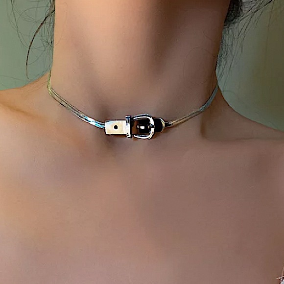 STERLING SILVER BUCKLE DESIGN CHOKER NECKLACE - Picture 7 of 14